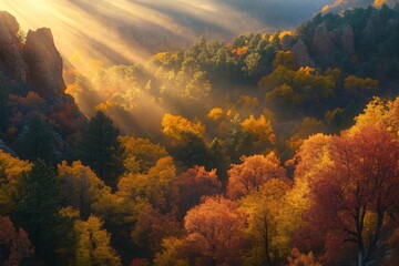 Poster - brilliant autumn sunlight filters through a colorful forest landscape at dawn