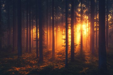 Poster - Golden sunlight filters through tall trees in a serene forest at dawn with a warm glow illuminating the surroundings