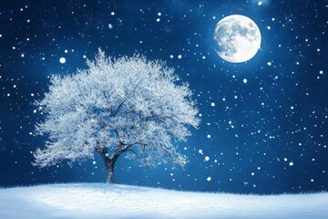 Poster - Snow-covered tree stands alone under a bright full moon in a serene winter night landscape