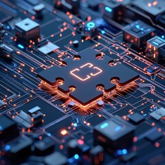 Poster - A futuristic concept of AI assembling a glowing puzzle in a digital space