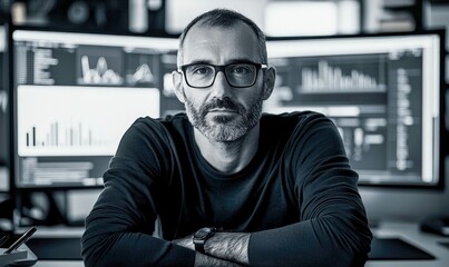 Poster - A focused man wearing glasses works in front of multiple computer screens with data and code.