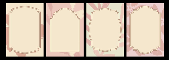 Set of vintage posters with Islamic border frame. Geometric elegant banner with drawn flower plant background. Brown pastel colors. Collection of vertical blank templates.