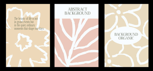 Wall Mural - Set of vertical posters with organic floral shapes. Pastel earth brown colors. Background with drawn flower and abstract plant.