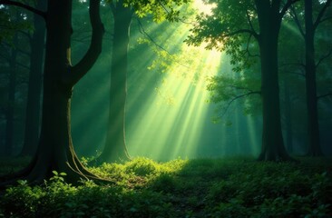 Aufkleber - Sunlight beams filtering through a dense forest in the early morning