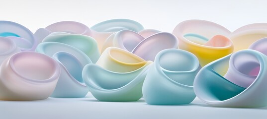 Poster - Abstract Composition of Overlapping Pastel-Colored Shapes, Blurred Background, Copy Space.