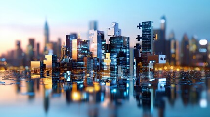 Poster - A futuristic skyline where skyscrapers are shaped like puzzle tiles