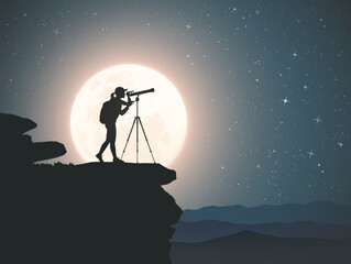 Poster - Woman with telescope on rock. Astronomer at moonlight night. Full moon