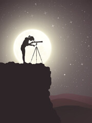 Poster - Woman and telescope on rock. Astronomer at work. Moonlight, full moon