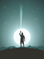 Poster - man with flashlight on rock. hiking at moonlight night. full moon