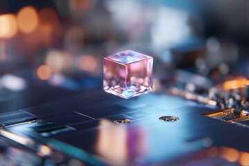Poster - Glowing cube hovers over circuit board, tech background
