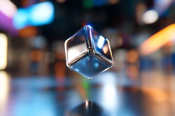Poster - Floating reflective cube on dark backdrop with colorful bokeh