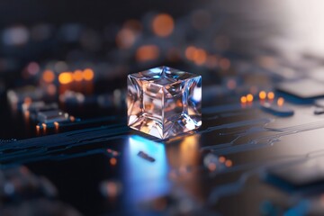 Poster - Glass cube on circuit board with glowing lights, tech background