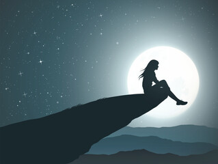 Poster - Woman sitting on cliff. Mountain hiking at moonlight night. Full moon