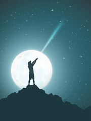 Poster - man with flashlight on rock. hiking at moonlight night. full moon