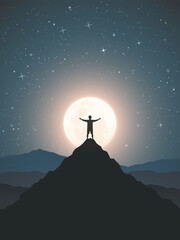 Poster - night climbing. man with outstretched arms on top of rocky mountain