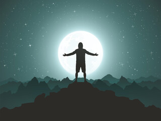 Sticker - Night climbing. Man with outstretched arms on top of rocky mountain