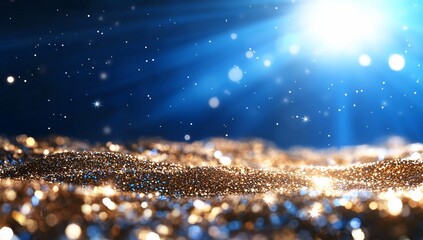 Poster - Gold glitter, blue light rays background for festive celebrations