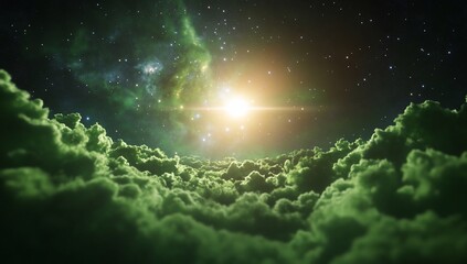 Wall Mural - green cloudscape at night with bright star and nebula
