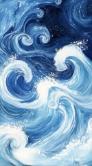 Poster - Abstract Blue and White Swirling Waves Abstract Art