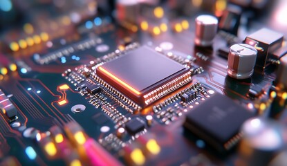 Poster - Glowing CPU on circuit board with lights, ideal for tech backgrounds