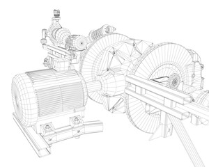 Poster - A drawing of a machine with a black and white color scheme. The machine is a large piece of equipment with a lot of parts. The drawing is of a machine that is used for lifting and moving heavy objects