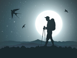 Poster - Man walks at mountain. Hiking with trekking poles. Birds in starry sky