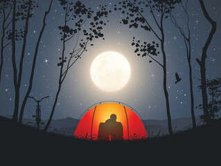 Sticker - Couple sit in orange tent. Camping in mountains. Moonlight night, full moon