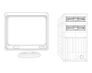 Fototapete - A computer monitor and a computer tower are shown in a black and white drawing. The monitor is on a stand and the tower is on a desk. The computer tower has two hard drives and a keyboard