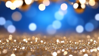 Poster - Gold glitter on blue bokeh background for festive celebrations