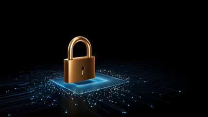 Poster - gold padlock symbolizes security on digital circuit board background, representing protection and technology