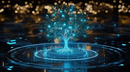 Poster - A glowing tree of life in the center of a bustling city square