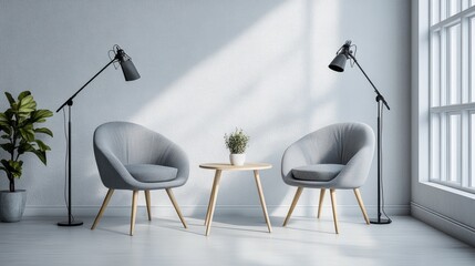 Poster - Professional interview space with two stylish chairs, a compact table, and microphones, set in a bright minimalist studio