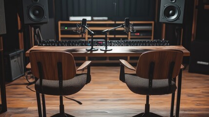 Poster - Two chairs facing each other in a modern studio, separated by a sleek table with professional microphones for a podcast recording