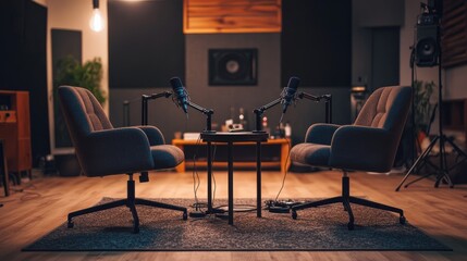 Poster - Two chairs facing each other in a modern studio, separated by a sleek table with professional microphones for a podcast recording