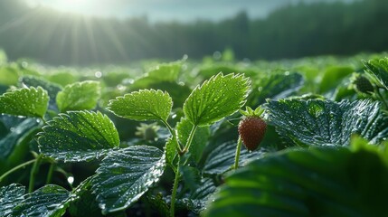 Poster - A field of green plants with a single strawberry on a leaf