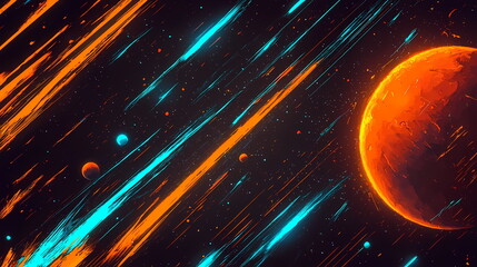 Poster - Orange and cyan lights streaking across space near planet