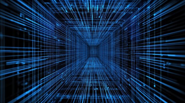 Abstract Digital Tunnel with Blue Lines and Light Effects
