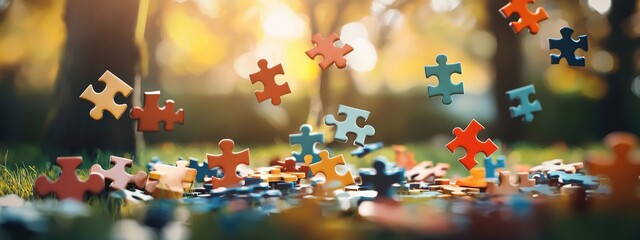 Poster - A magical forest scene where trees are made of puzzle pieces
