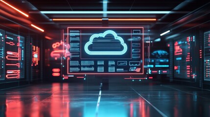Poster - A futuristic digital environment featuring neon blue and red cloud graphics, representing cloud computing and technology.