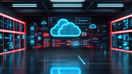 Poster - A futuristic digital space showcasing a glowing cloud symbol, surrounded by data displays and servers, representing advanced technology and cloud computing.