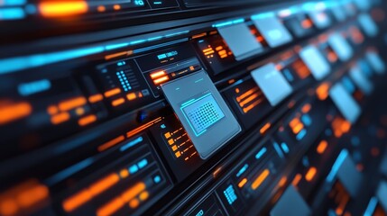 Poster - A close-up view of a digital interface with glowing buttons and panels, showcasing a futuristic design in blue and orange hues.
