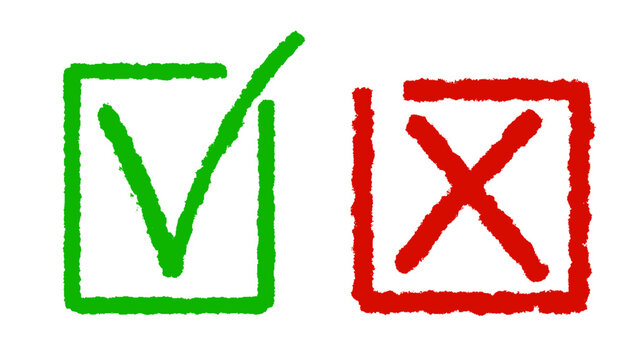 Clipart set of thin minimalistic checkmark and red cross in a square frame isolated on a white background
