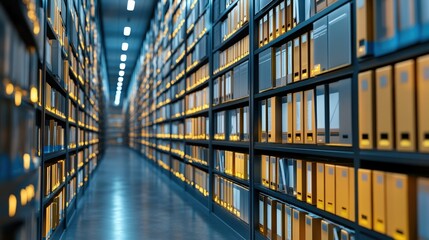 Poster - A modern archive filled with organized files in boxes, illuminated by bright overhead lights, showcasing an orderly storage space.
