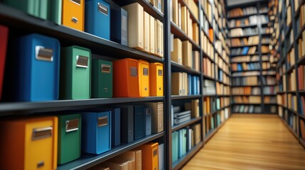 Poster - A vibrant library aisle lined with colorful archive boxes and bookshelves, creating a visually appealing study environment.