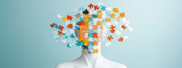 Poster - A modern art sculpture of a human figure made of puzzle tiles