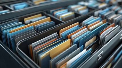 Poster - A close-up view of an organized collection of colorful filing cards in a storage bin, showcasing various shades and textures.