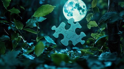 Poster - A moonlit forest where the trees have puzzle-shaped leaves