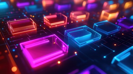 Fototapete - A vibrant digital abstract featuring neon-colored geometric shapes on a dark background, evoking a futuristic technology theme.