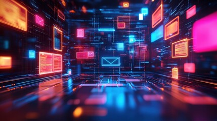 Poster - A vibrant, futuristic digital landscape featuring glowing screens and data streams in blue and pink hues, suggesting advanced technology and connectivity.
