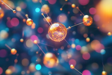 Poster - Colorful digital representation of connected spheres illustrating molecular or atomic structure in a vibrant abstract setting